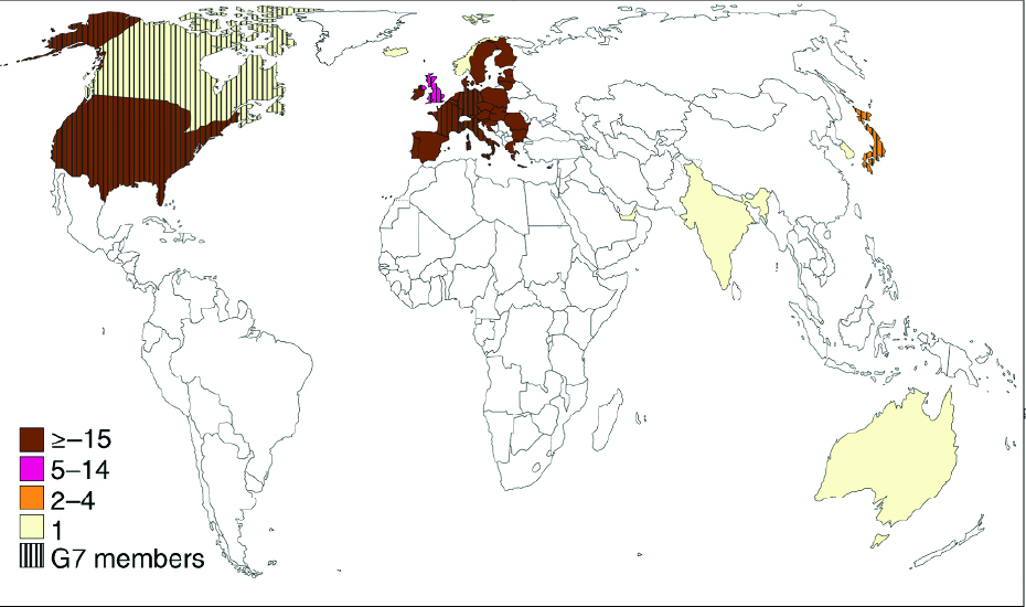 Geographic distribution of issuers of ethical AI guidelines by number of documents released.